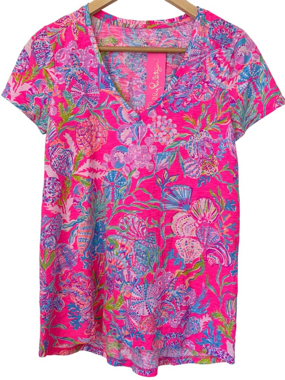 Lilly Pulitzer Etta V-Neck 100% Cotton Pink Isle Vibrant Coastal Short Sleeve XS